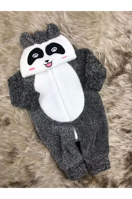 Welsoft Peluş Unisex Fermuarli Panda Bebek Uyqu Tulumi-kırçıllı gri - 4