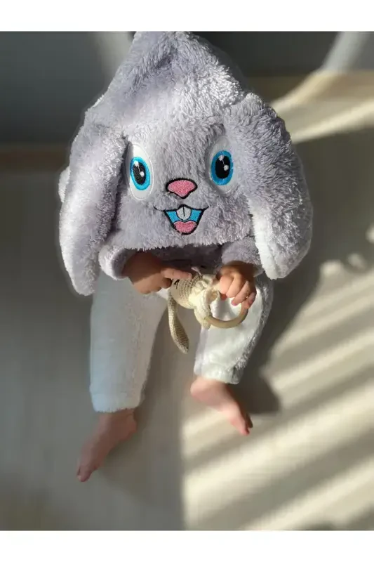 Welsoft Peluş Unisex Fermuarli Qishki Bolalar Uyqu Xaltasi Bolalar Tulumi Bolalar Kostyumi-Kulrang - 3