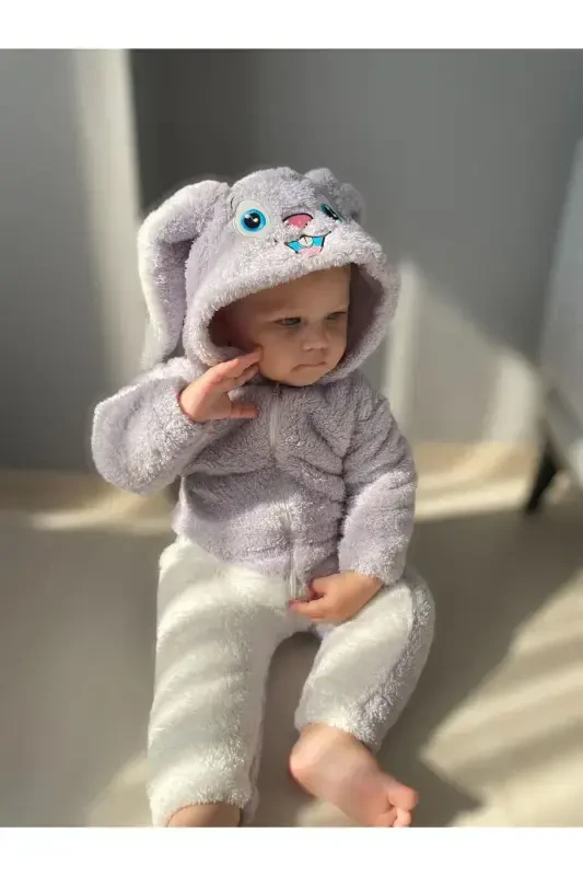 Welsoft Peluş Unisex Fermuarli Qishki Bolalar Uyqu Xaltasi Bolalar Tulumi Bolalar Kostyumi-Kulrang - 5