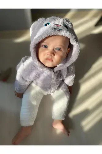 Welsoft Peluş Unisex Fermuarli Qishki Bolalar Uyqu Xaltasi Bolalar Tulumi Bolalar Kostyumi-Kulrang - 6