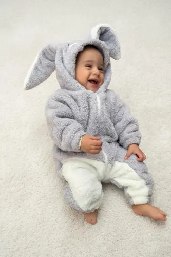 Welsoft Peluş Unisex Fermuarli Qishki Bolalar Uyqu Xaltasi Bolalar Tulumi Bolalar Kostyumi-Kulrang - 5