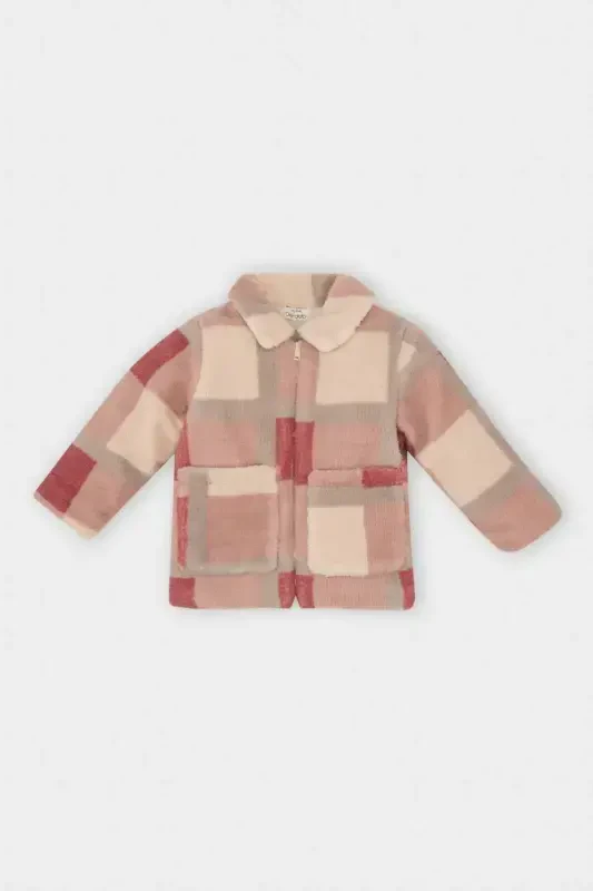 Welsoft plush cardigan, square pattern, zippered collar. - DEFACTO
