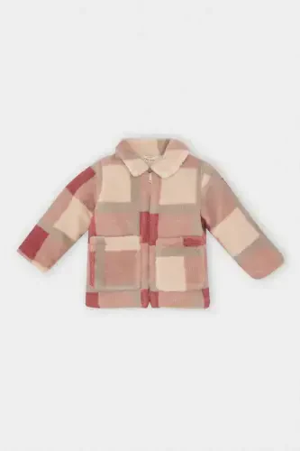 Welsoft plyushli kardigan, kvadrat shaklli naqsh, fermuarlı yoqa. - 1