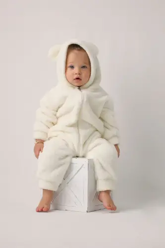 Welsoft Unisex Bebek Çocuk Kışlık Fermuarlı Peluş Uyku Tulumu, Bebek ve Çocuk Tulum-Ekru 