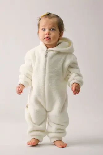 Welsoft Unisex Bebek Çocuk Kışlık Fermuarlı Peluş Uyku Tulumu, Bebek ve Çocuk Tulum-Ekru - 3