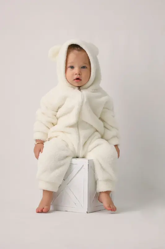Welsoft Unisex Bebek Çocuk Kışlık Fermuarlı Peluş Uyku Tulumu, Bebek ve Çocuk Tulum-Ekru - 1