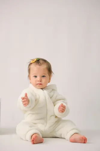 Welsoft Unisex Bebek Çocuk Kışlık Fermuarlı Peluş Uyku Tulumu, Bebek ve Çocuk Tulum-Ekru - 6