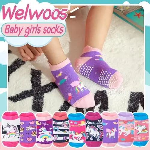 Welwoos Baby Girls Boys Toddlers Grips Socks Kids Non Slip Anti Skid Ankle Cotton No Show Socks with Grippers - 2