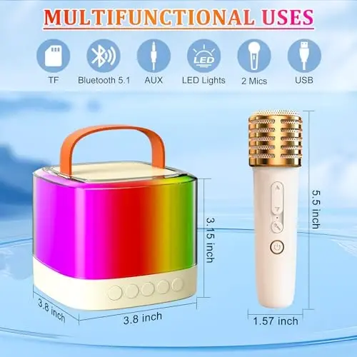 WEPPGO Mini Karaoke Machine with 2 Wireless Microphones, Bluetooth Portable Karaoke Speaker with Dazzling Lights Modes, Birthday Gifts Toys for Kids, Girls Boys Family Party - 4