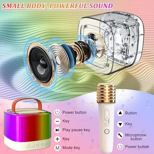 WEPPGO Mini Karaoke Machine with 2 Wireless Microphones, Bluetooth Portable Karaoke Speaker with Dazzling Lights Modes, Birthday Gifts Toys for Kids, Girls Boys Family Party - 5