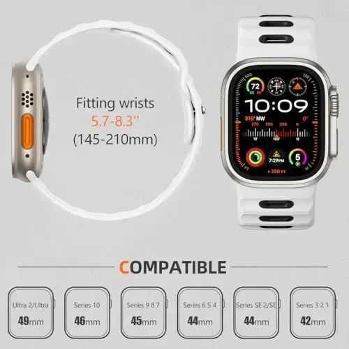 Wepro Sport Bands Apple Watch Ultra 2/Ultra Band 49mm 46mm 45mm 44mm 42mm erkaklar uchun mos keladi, suv o'tkazmaydigan yumshoq silikon mustahkam okean nafas oladigan tasma iWatch Series 10 9 8 7 6 5 4 3 2 1 SE uchun - 5