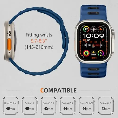 Wepro Sport Bands Apple Watch Ultra 2/Ultra Band 49mm 46mm 45mm 44mm 42mm erkaklar uchun mos keladi, suv o'tkazmaydigan yumshoq silikon mustahkam okean nafas oladigan tasma iWatch Series 10 9 8 7 6 5 4 3 2 1 SE uchun - 5