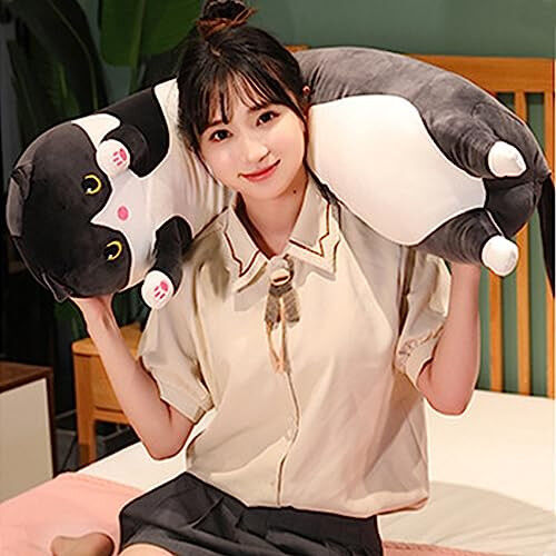 Werdast Black Cat Long Plush Pillow Cat Stuffed Animals Soft Sleeping Throw Pillow Doll Toy (Black, 27inches) - 4