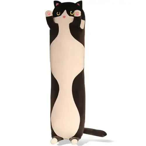 Werdast Black Cat Long Plush Pillow Kitty o'yinchoq hayvonlar Yumshoq uxlaydigan yostiq Qo'g'irchoq (Qora, 34 dyuym) 