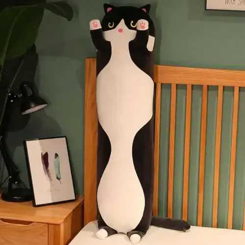 Werdast Black Cat Long Plush Pillow Kitty To'ldirilgan Hayvonlar Yumshoq Uxlash Yostiqsimon Qo'g'irchoq (Qora, 34 dyuym) - 4