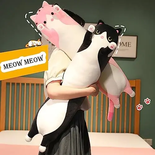 Werdast Black Cat Long Plush Pillow Kitty To'ldirilgan Hayvonlar Yumshoq Uyqu Yostiqsimon Qo'g'irchoq (Qora, 34 dyuym) - 3
