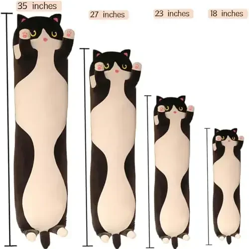Werdast Black Cat Long Plush Pillow Kitty To'ldirilgan Hayvonlar Yumshoq Uyqu Yostiqsimon Qo'g'irchoq (Qora, 34 dyuym) - 2