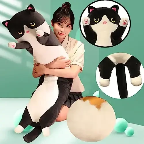 Werdast Black Cat Long Plush Pillow Kitty To'ldirilgan Hayvonlar Yumshoq Uyqu Yostiqsimon Qo'g'irchoq (Qora, 34 dyuym) - 5