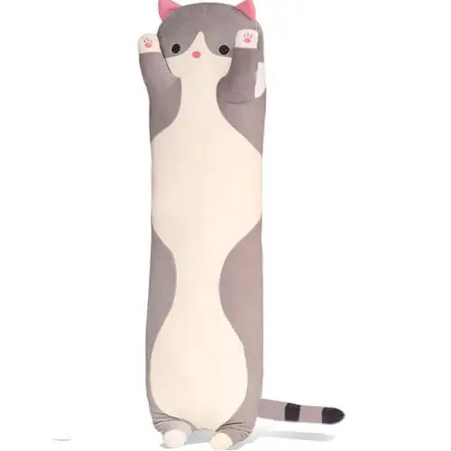 Werdast Grey Cat Long Plush Pillow Cat Stuffed Animals Soft Sleeping Throw Pillow Doll (Grey,19inches) - 1