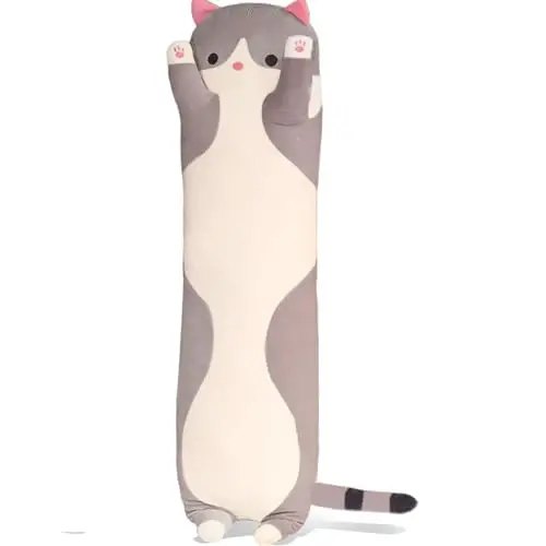 Werdast Grey Cat Long Plush Pillow Kitty Stuffed Animals Soft Sleeping Throw Pillow Doll Toy (Grey,35inches) 