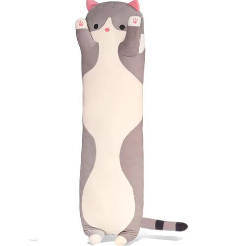 Werdast Grey Cat Long Plush Pillow Cat Stuffed Animals Soft Sleeping Throw Pillow Doll (Grey,19inches) - 1