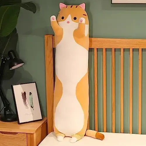 Werdast Orange Cat Long Plush Pillow Kitty Yumshoq o'yinchoqlar Yumshoq uxlash uchun yostiq o'yinchoq qo'g'irchoq (Orange, 35 dyuym) - 4