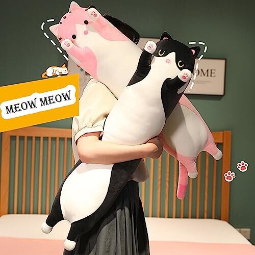 Werdast Black Cat Long Plush Pillow Kitty Stuffed Animals Soft Sleeping Throw Pillow Doll Toy Gift(Black,18inches) - 4
