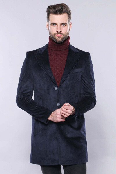 Wessi brand, pointed collar, knee-length, navy blue men's coat. - 1