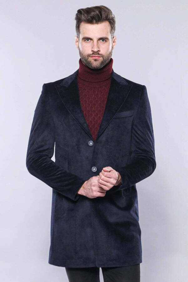 Wessi brand, pointed collar, knee-length, navy blue men's coat. - 1