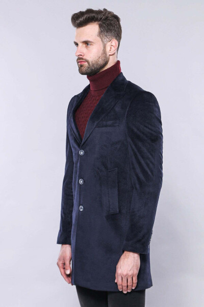 Wessi brand, pointed collar, knee-length, navy blue men's coat. - 3