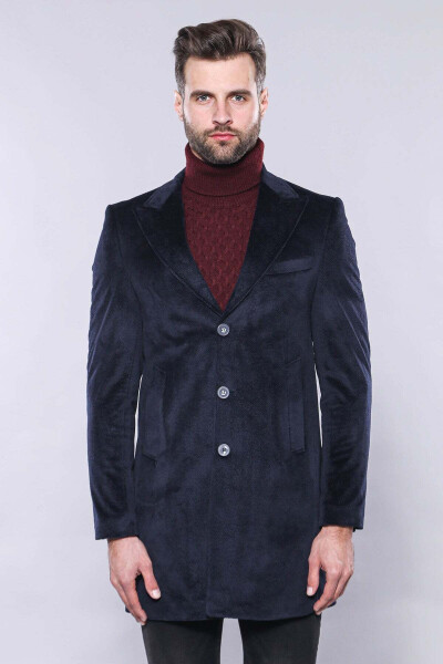 Wessi brand, pointed collar, knee-length, navy blue men's coat. - 4