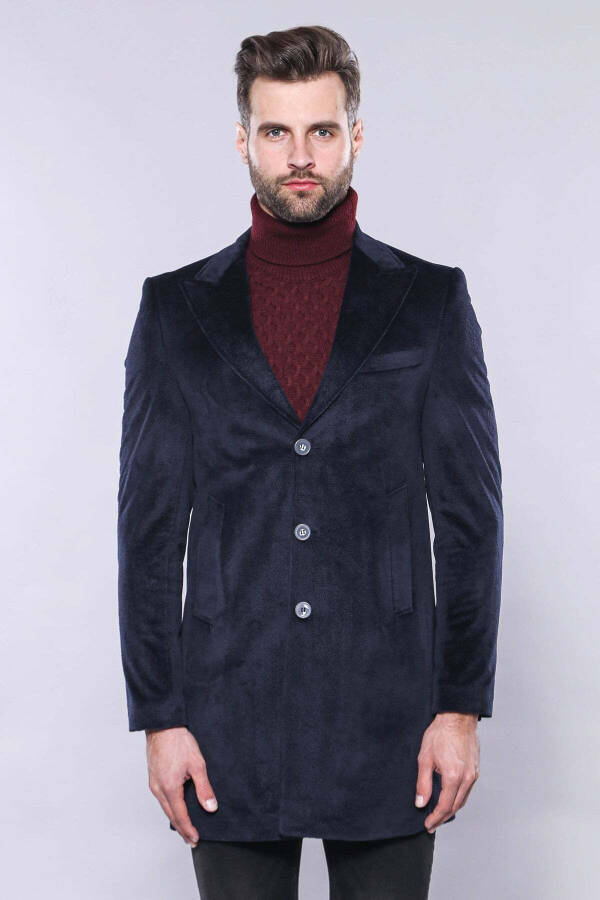 Wessi brand, pointed collar, knee-length, navy blue men's coat. - 4