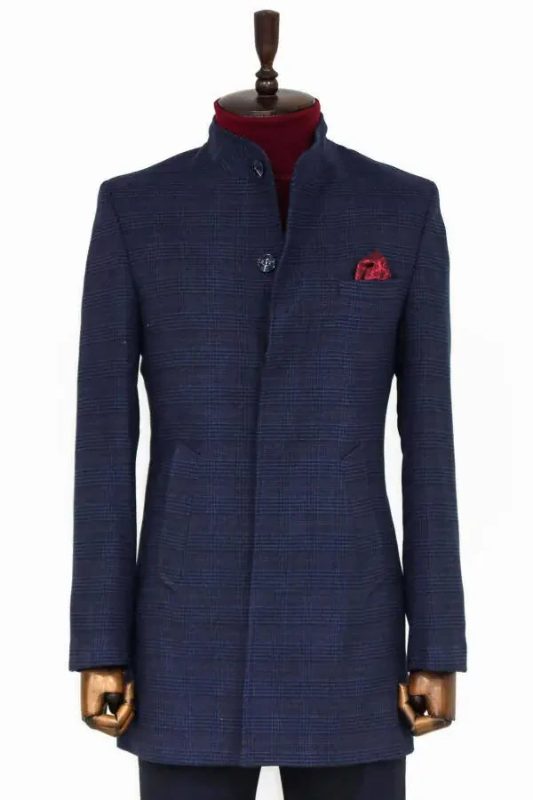 Wessi men's coat, notch lapel, plaid, navy blue. - 1