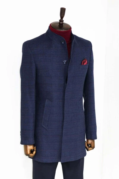 Wessi men's coat, notch lapel, plaid, navy blue. - 4