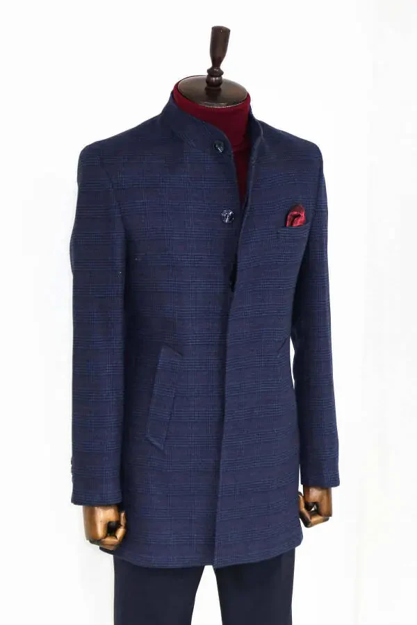 Wessi men's coat, notch lapel, plaid, navy blue. - 4