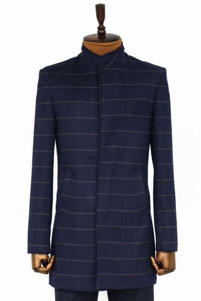 Wessi men's coat, with a mandarin collar, navy blue, checkered pattern. - 1