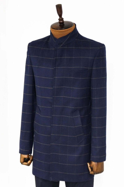 Wessi men's coat, with a mandarin collar, navy blue, checkered pattern. - 4