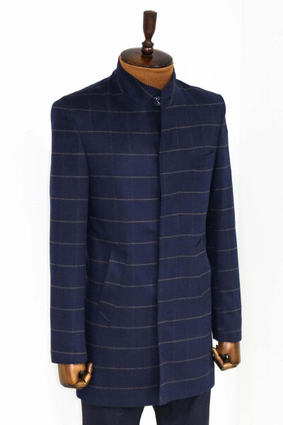 Wessi men's coat, with a mandarin collar, navy blue, checkered pattern. - 5