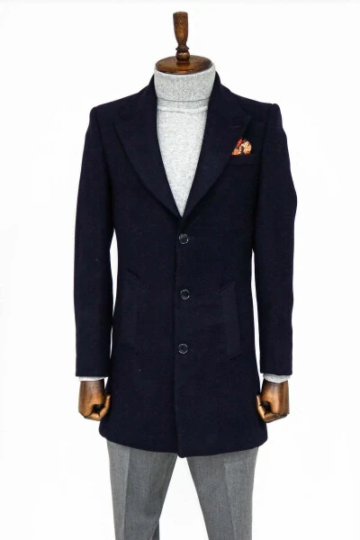 Wessi men's wool overcoat with wide collar in navy blue. - WESSI