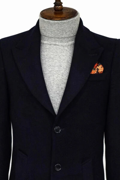 Wessi men's wool overcoat with wide collar in navy blue. - WESSI (1)