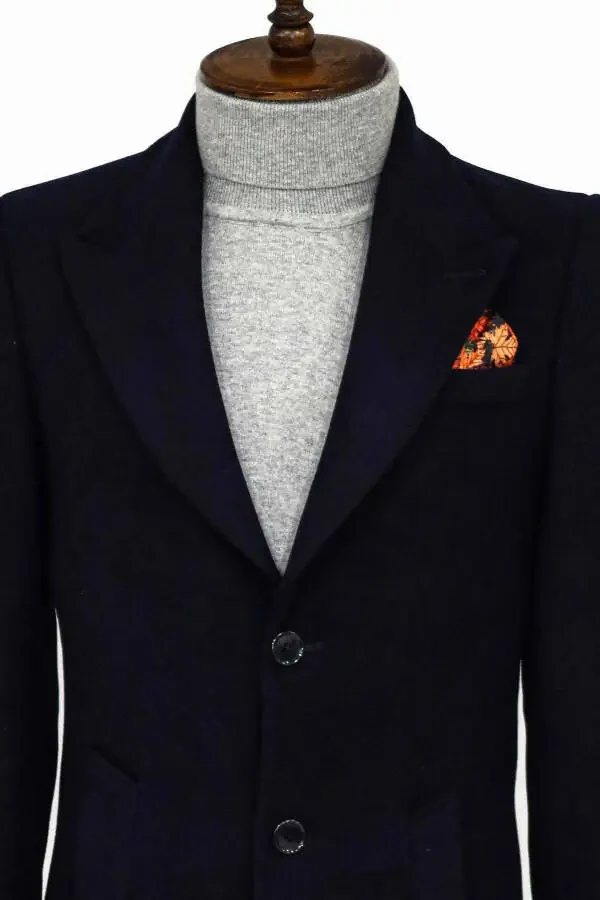 Wessi men's wool overcoat with wide collar in navy blue. - 2