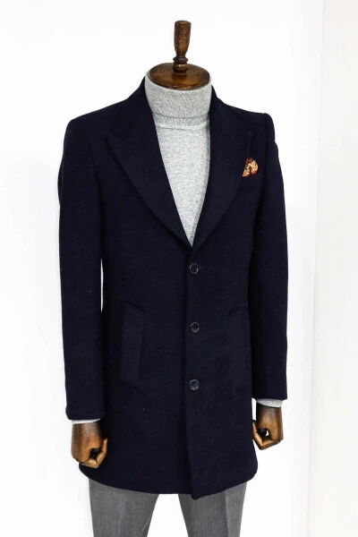 Wessi men's wool overcoat with wide collar in navy blue. - 4