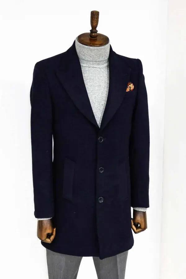 Wessi men's wool overcoat with wide collar in navy blue. - 4