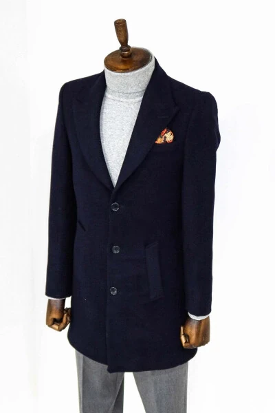 Wessi men's wool overcoat with wide collar in navy blue. - 5