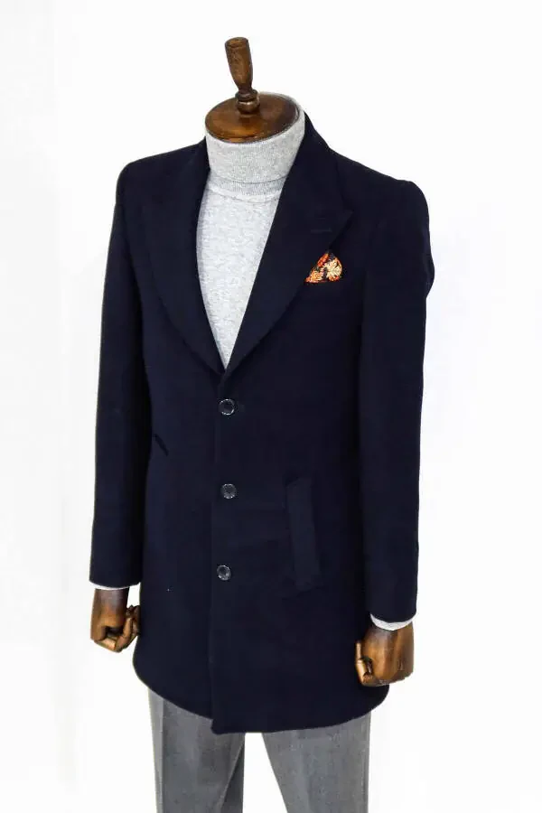 Wessi men's wool overcoat with wide collar in navy blue. - 5