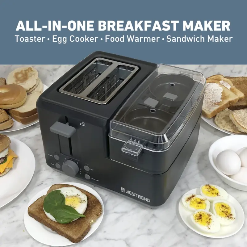 West Bend Multifunctional Breakfast Station, 2-Slice Toaster with Egg Cooker and Meat Warmer, in Black (78500) - 5