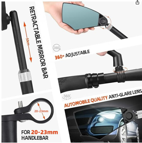 WEST BIKING Anti-Glare Handlebar Bike Mirror - Bike Rear View Mirror With Retractable & 360 ° Adjustable Lens, Foldable Bicycle Mirror For 20-23mm Handlebar (Left) - 5