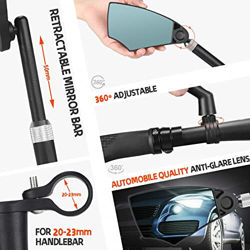 WEST BIKING Anti-Glare Handlebar Bike Mirror - Bike Rear View Mirror With Retractable & 360 ° Adjustable Lens, Foldable Bicycle Mirror For 20-23mm Handlebar (Left) - 3