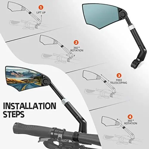 WEST BIKING Anti-Glare Handlebar Bike Mirror - Bike Rear View Mirror With Retractable & 360 ° Adjustable Lens, Foldable Bicycle Mirror For 20-23mm Handlebar(2PCS) - 5