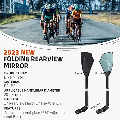 WEST BIKING Anti-Glare Handlebar Bike Mirror - Bike Rear View Mirror With Retractable & 360 ° Adjustable Lens, Foldable Bicycle Mirror For 20-23mm Handlebar(2PCS) - 4